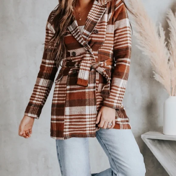 Plaid Brown Women's Coat - Picture 6 of 12